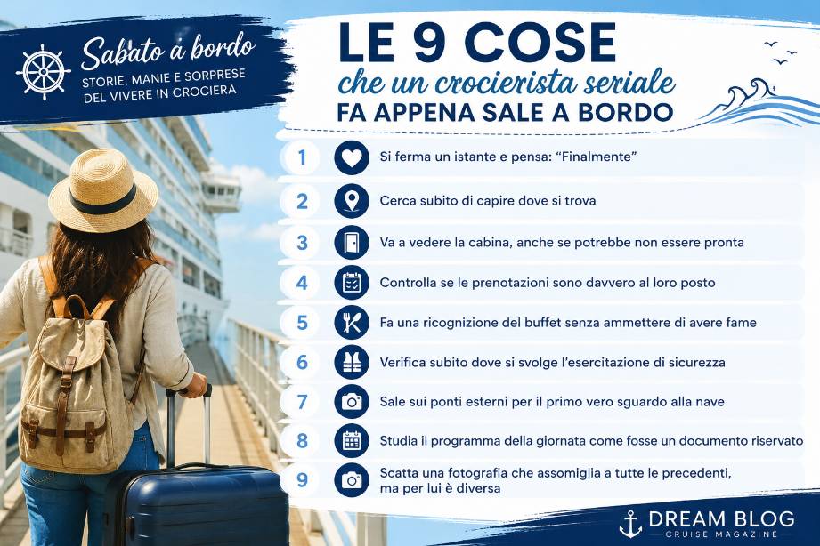 Le 9 cose che un crocierista seriale fa appena sale a bordo